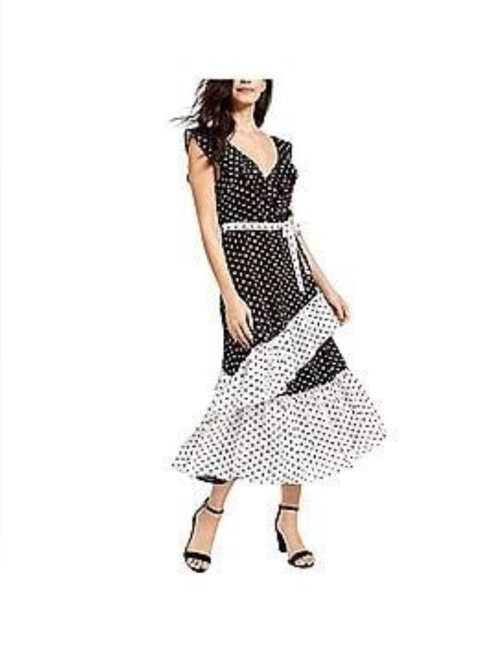 Q + A Los Angeles Polka Dot Faux Wrap Midi Dress - Black & White Sz L NWT Flaw